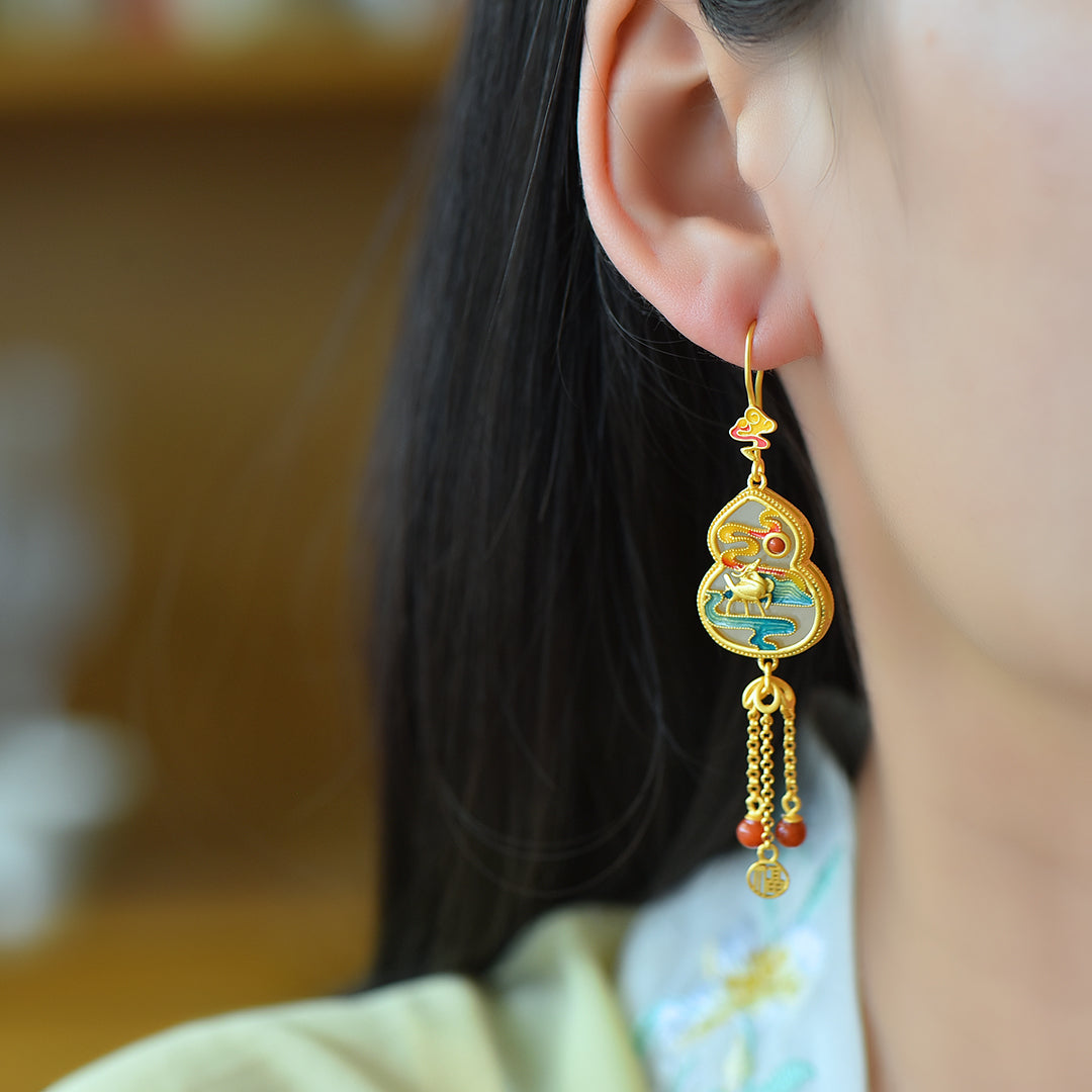 Silver gold plated Hetian jade earrings