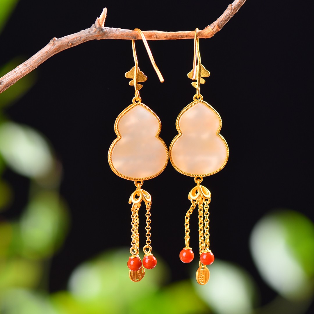 Silver gold plated Hetian jade earrings