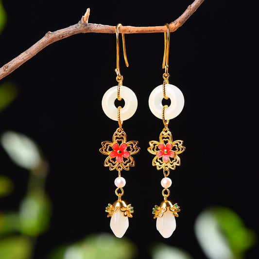 Silver gold plated Hetian jade earrings