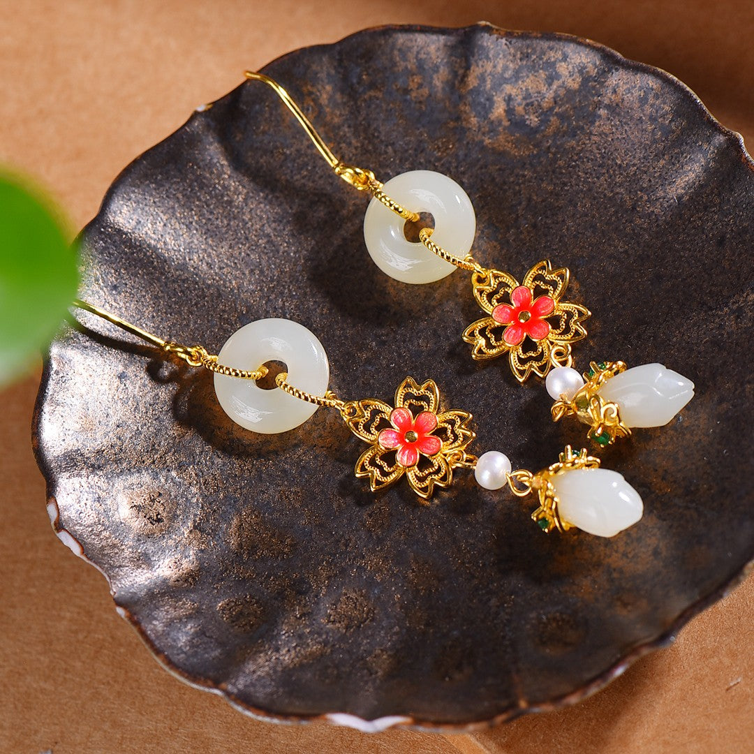 Silver gold plated Hetian jade earrings