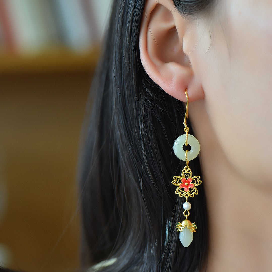 Silver gold plated Hetian jade earrings