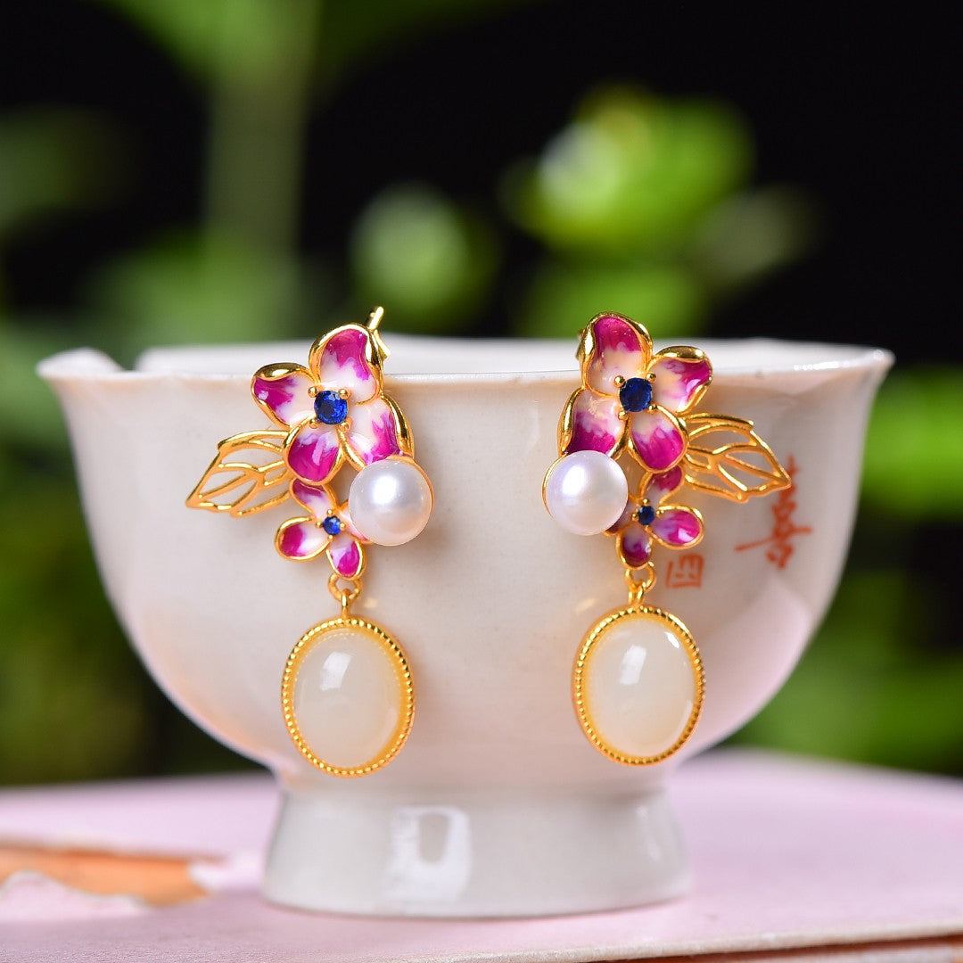 Silver gold plated Hetian jade earrings