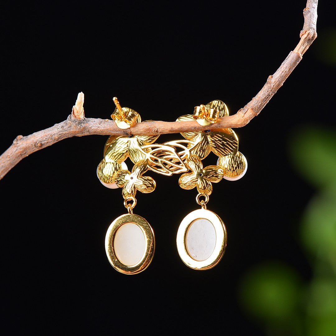 Silver gold plated Hetian jade earrings