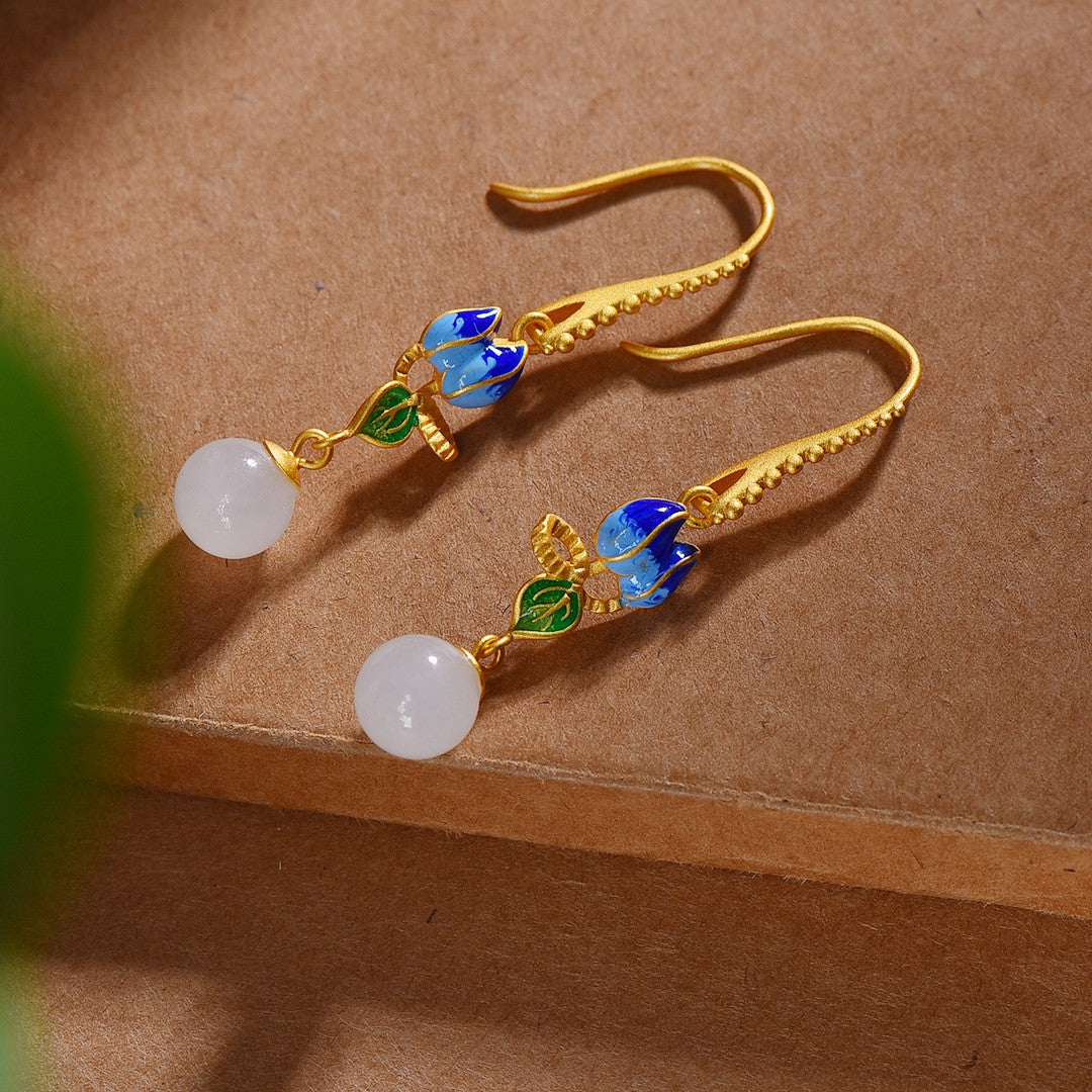 Silver gold plated Hetian jade earrings