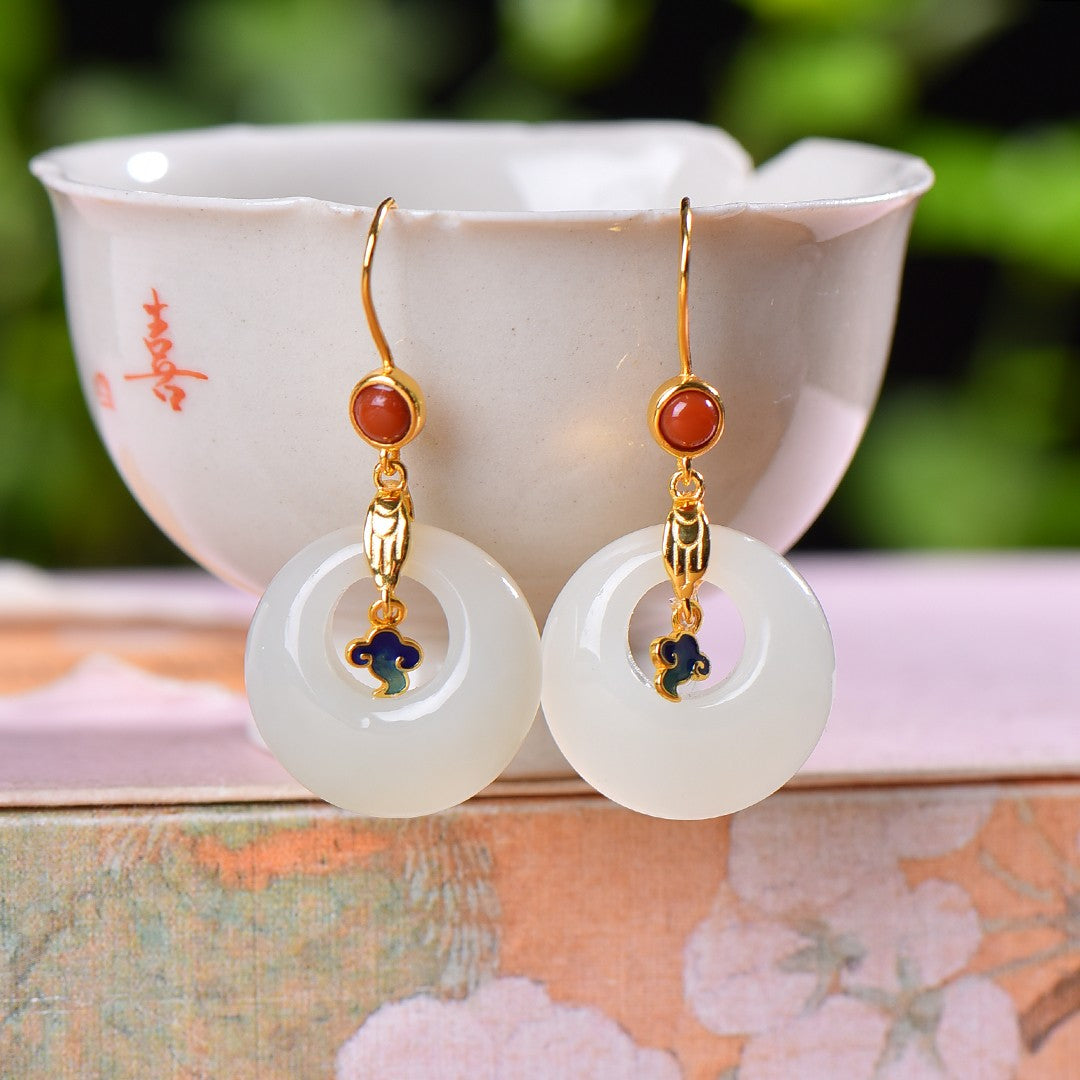 Silver gold plated Hetian jade earrings