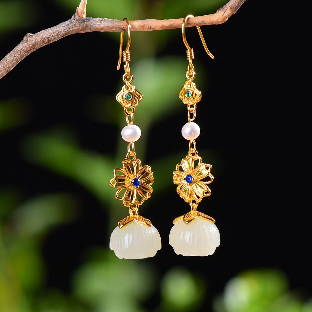 Silver gold plated Hetian jade earrings