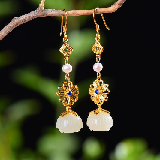 Silver gold plated Hetian jade earrings