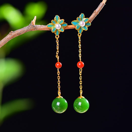 Silver gold plated Hetian jade earrings