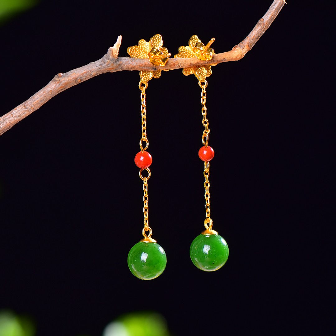 Silver gold plated Hetian jade earrings