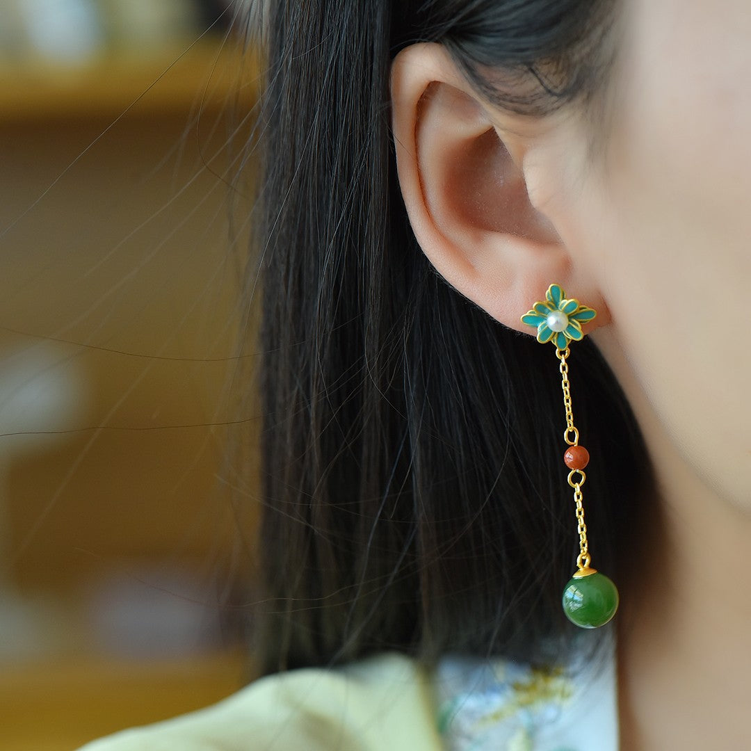 Silver gold plated Hetian jade earrings