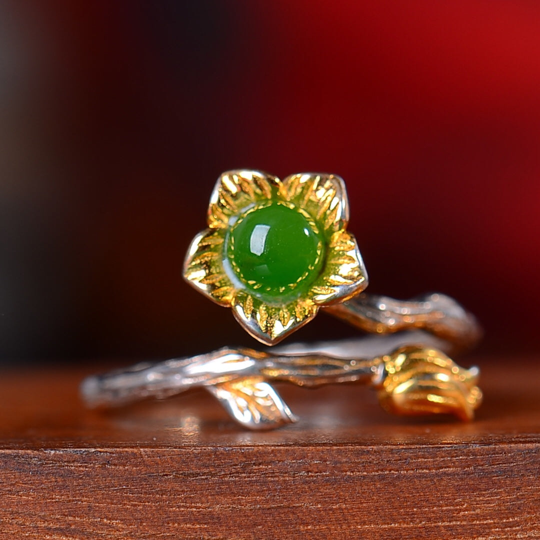 Silver gold plated Hetian jade ring