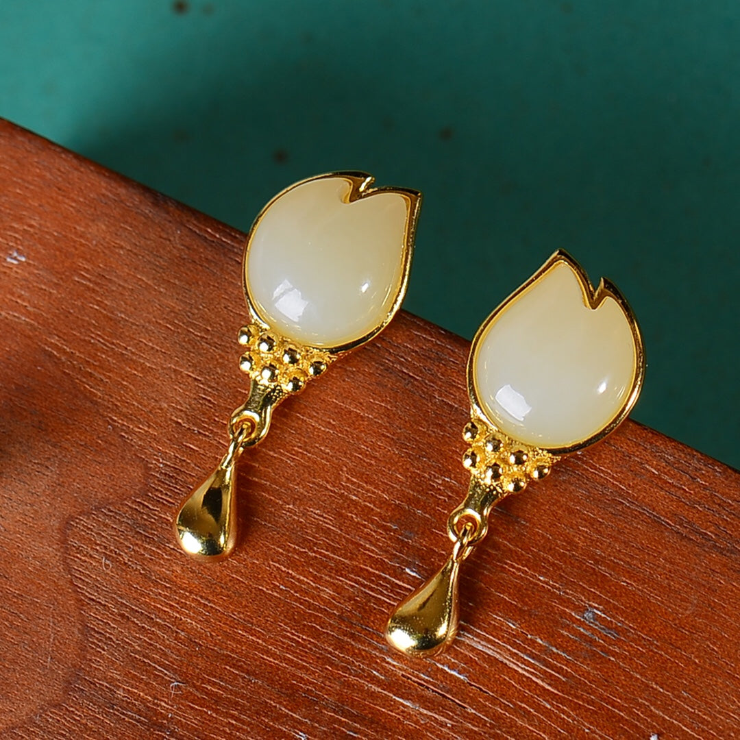 Silver gold plated Hetian jade earrings