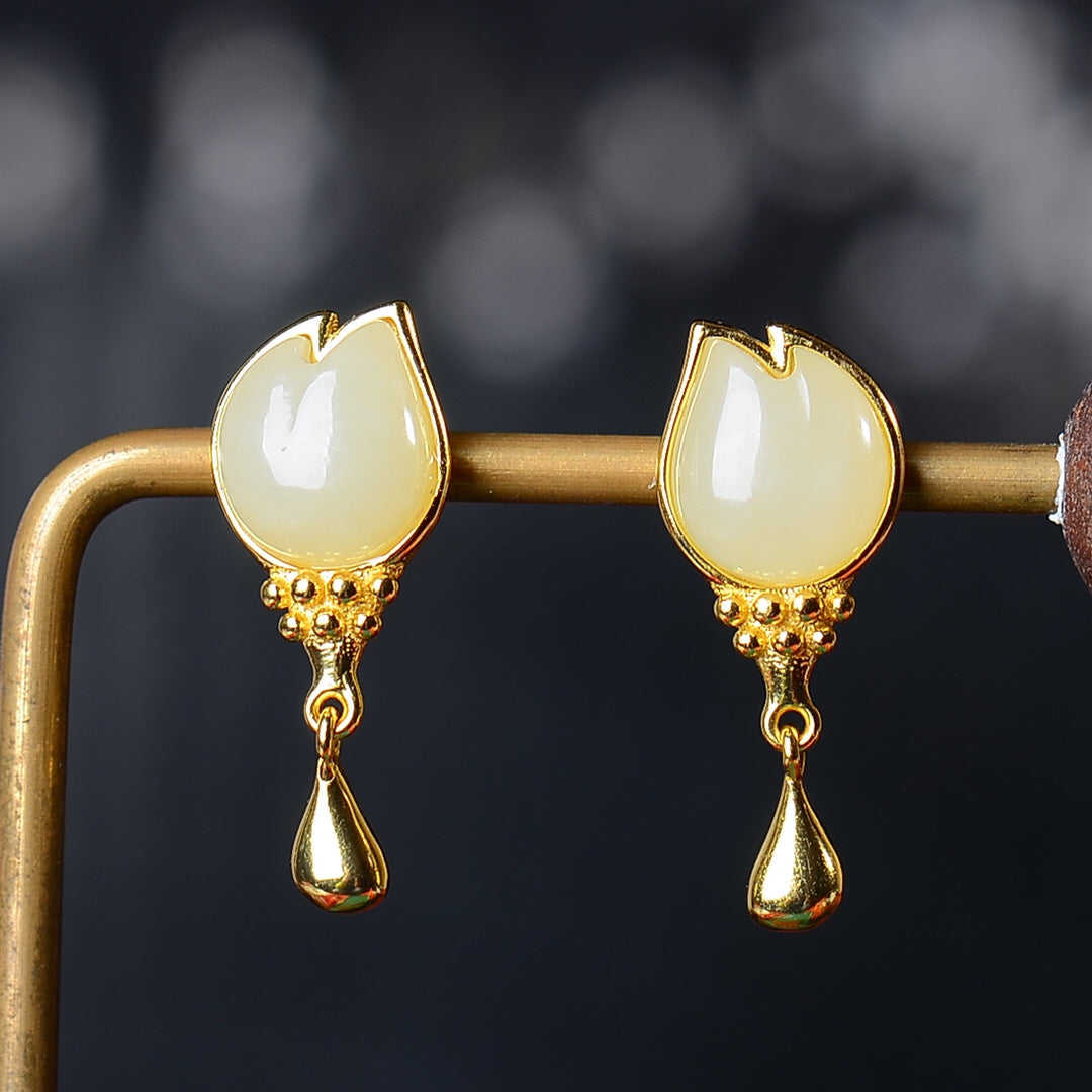 Silver gold plated Hetian jade earrings