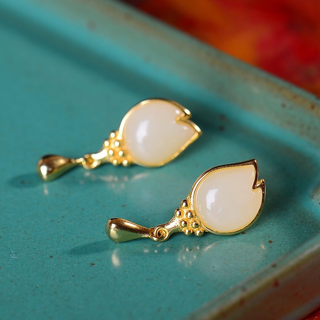 Silver gold plated Hetian jade earrings