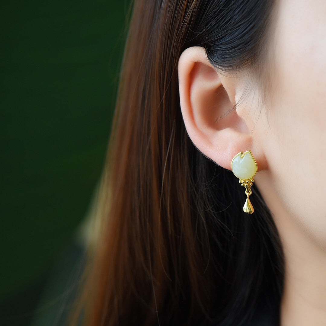 Silver gold plated Hetian jade earrings