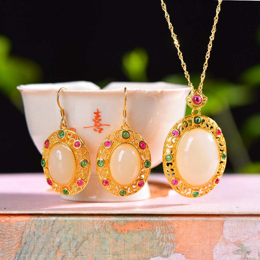 Silver gold plated Hetian jade set