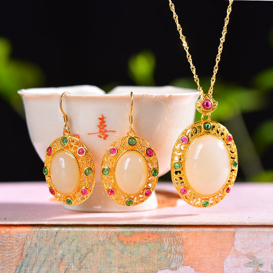 Silver gold plated Hetian jade set