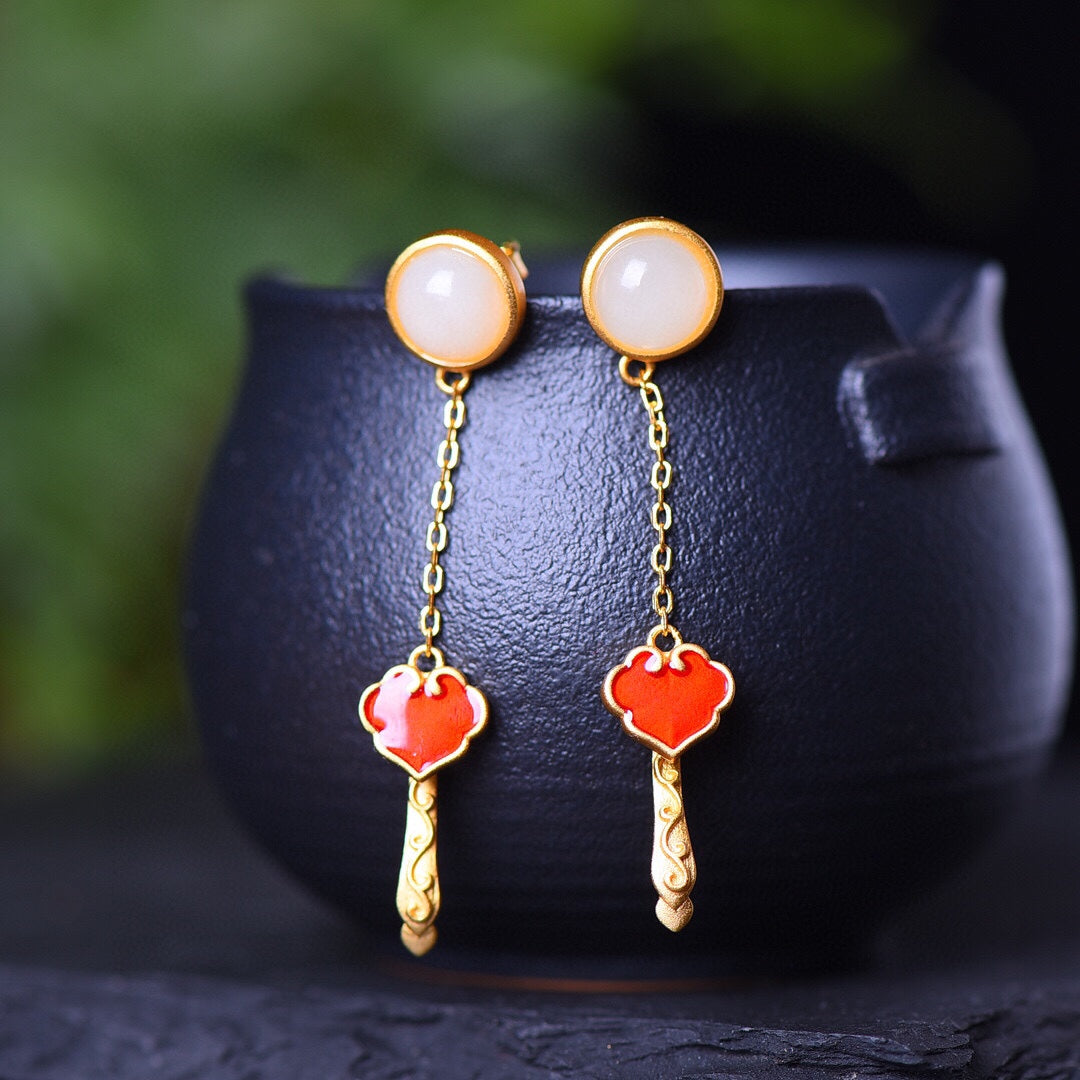 Silver gold plated Hetian jade earrings