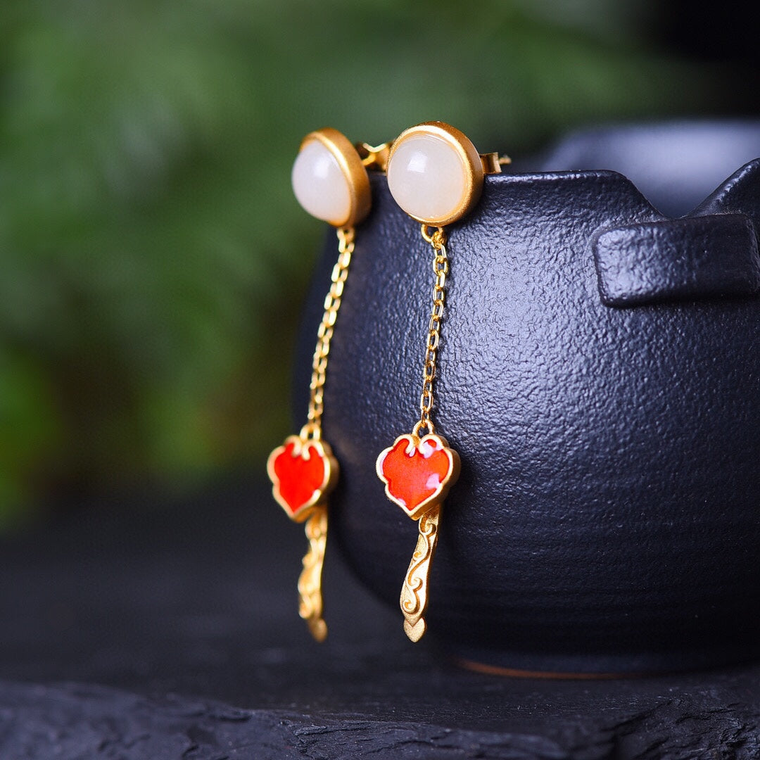 Silver gold plated Hetian jade earrings