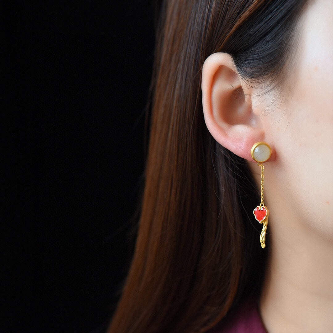 Silver gold plated Hetian jade earrings