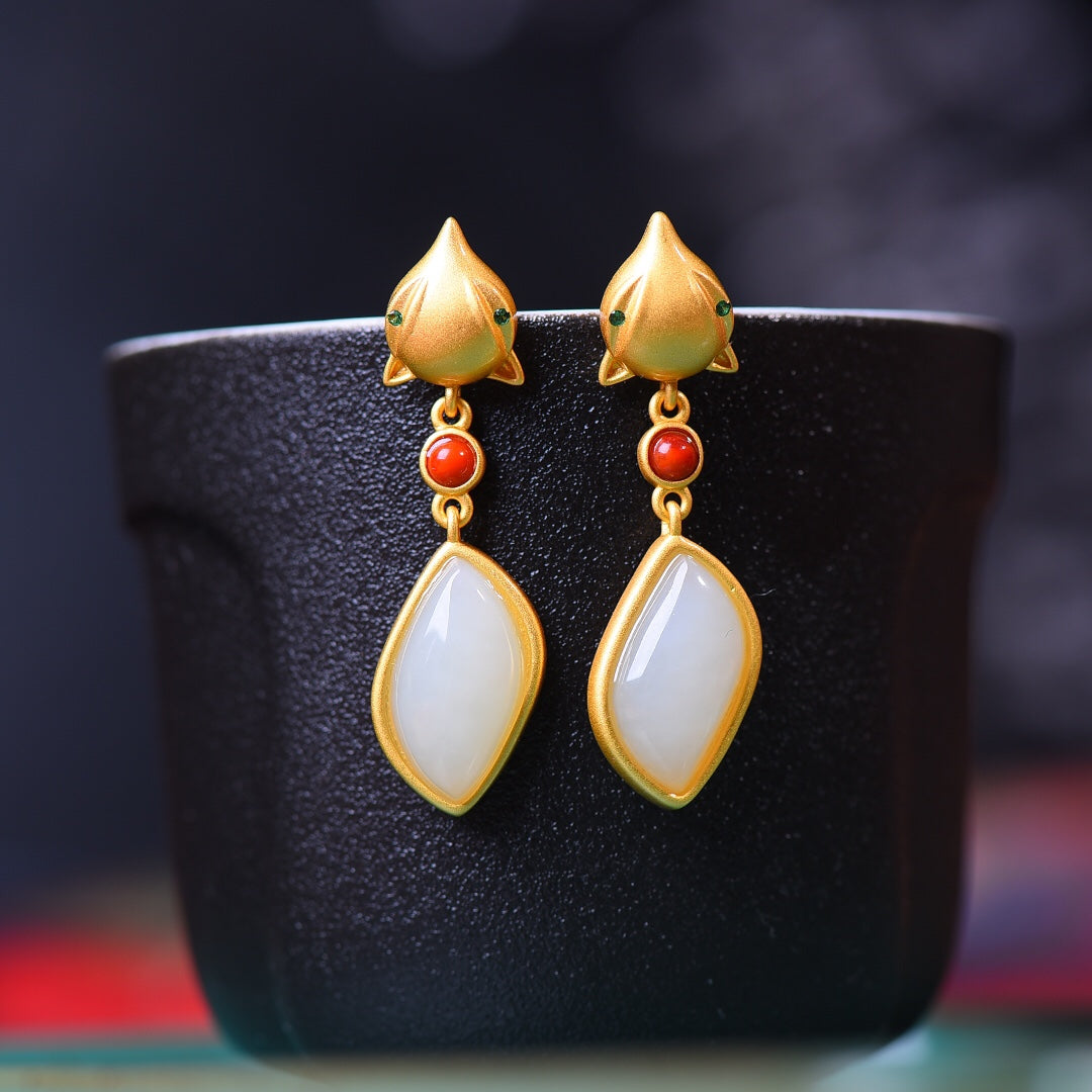 Silver gold plated Hetian jade earrings