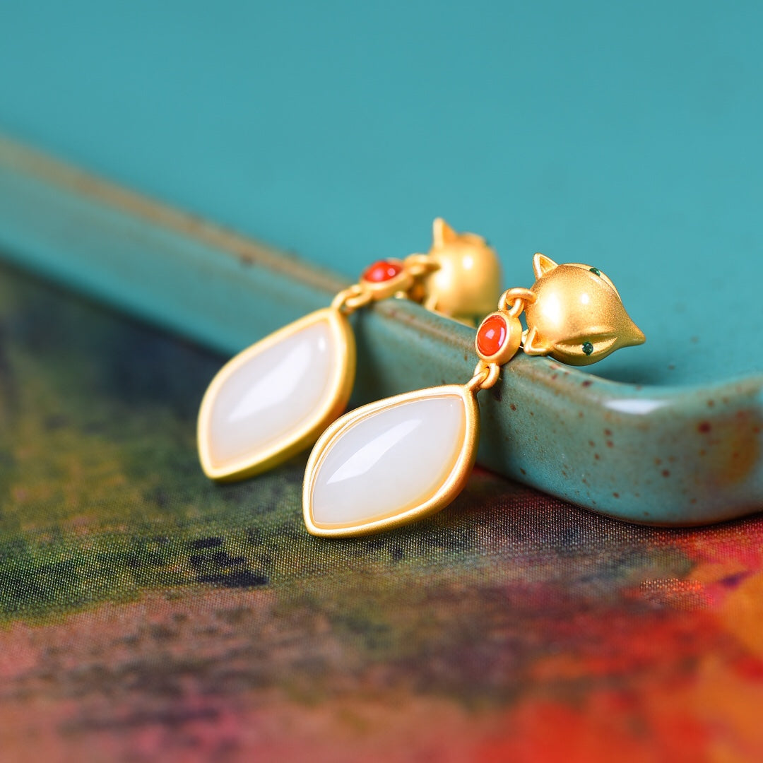 Silver gold plated Hetian jade earrings