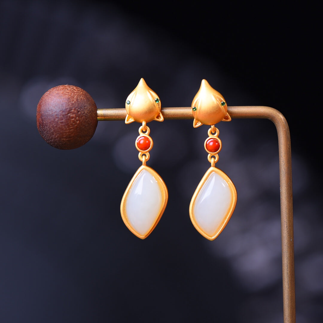 Silver gold plated Hetian jade earrings