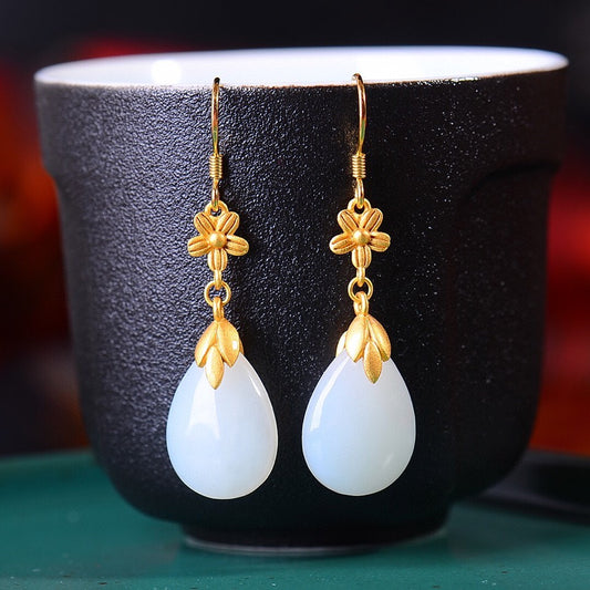 Silver gold plated Hetian jade earrings