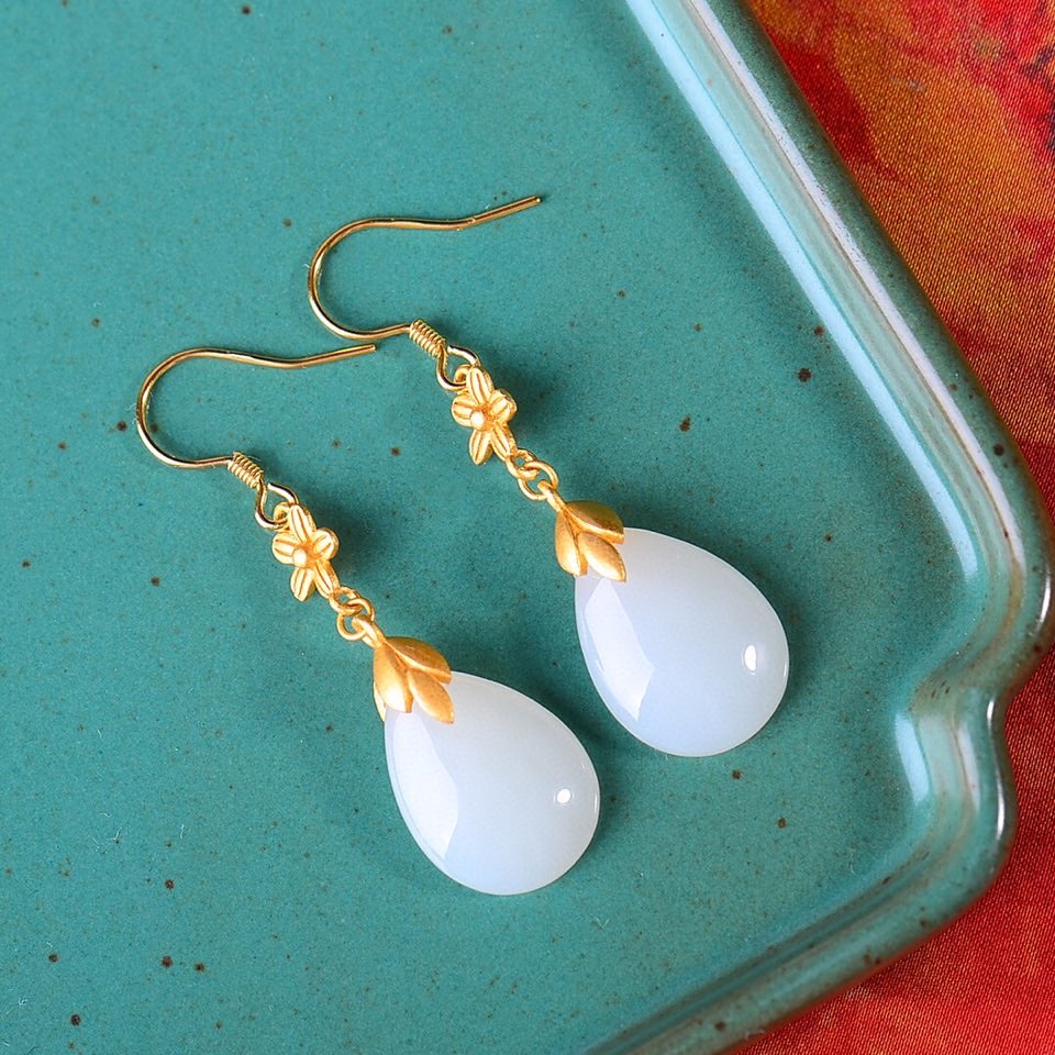 Silver gold plated Hetian jade earrings