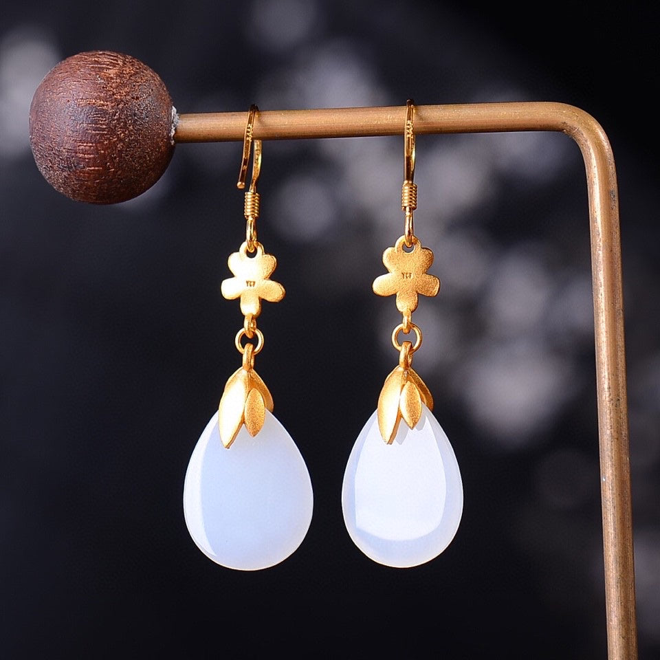 Silver gold plated Hetian jade earrings