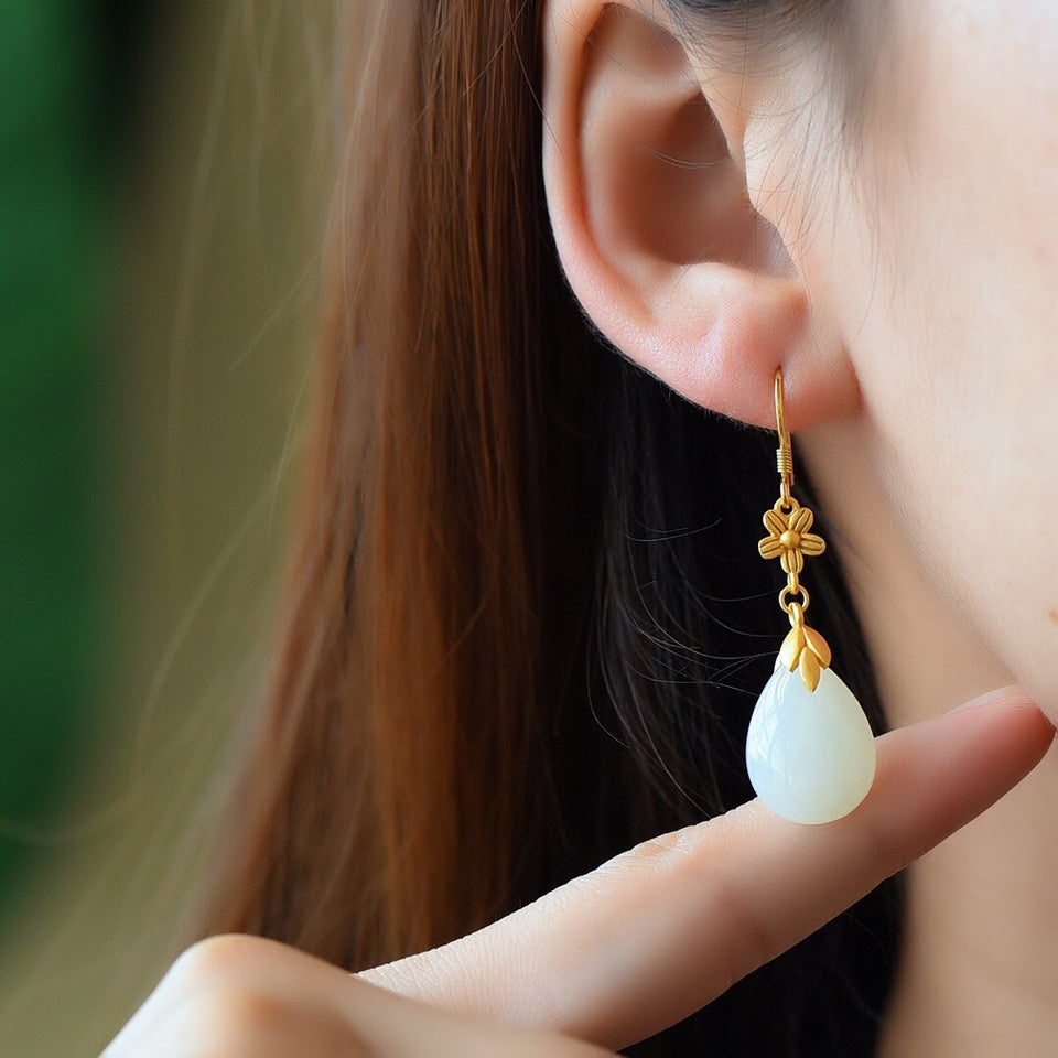 Silver gold plated Hetian jade earrings