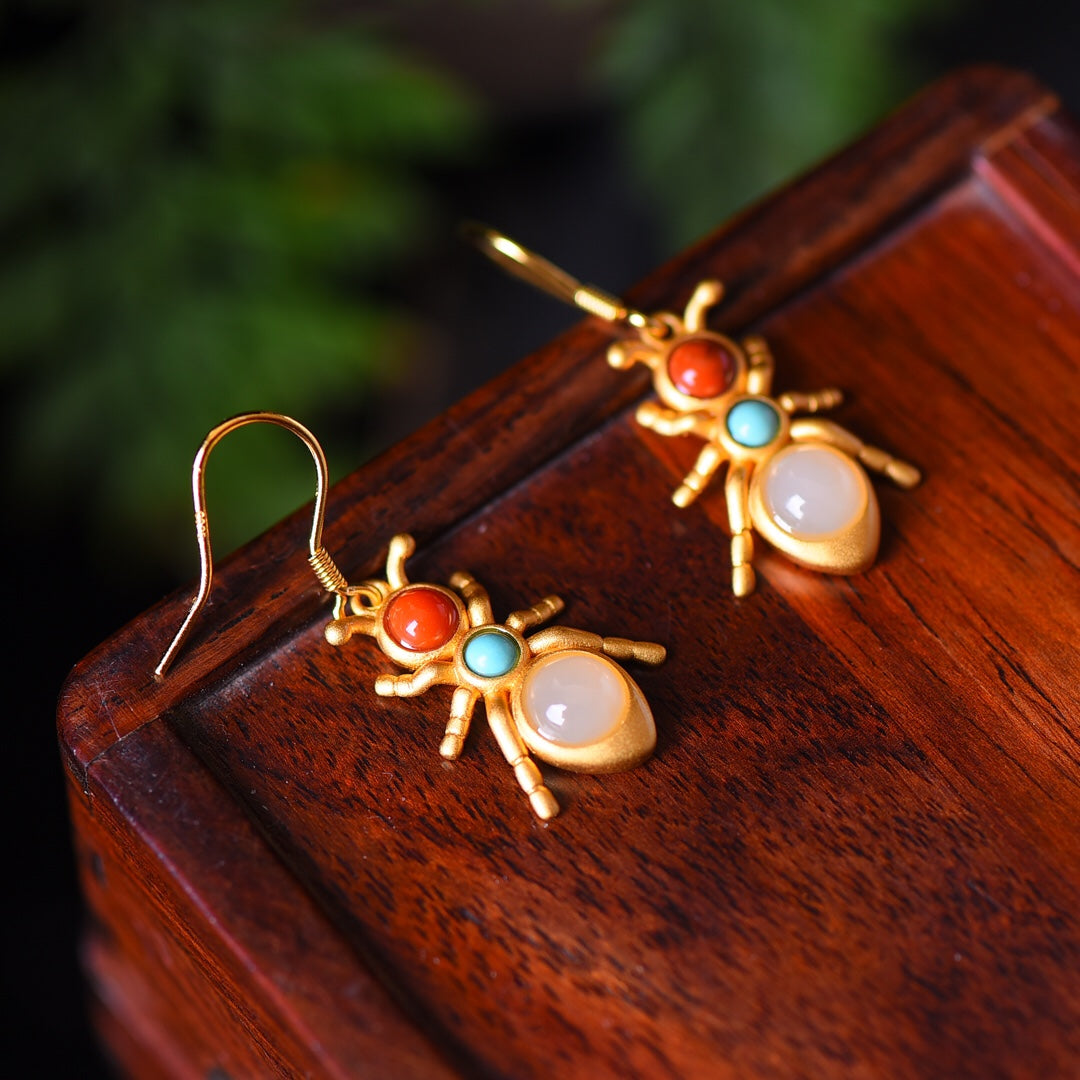 Silver gold plated Hetian jade earrings