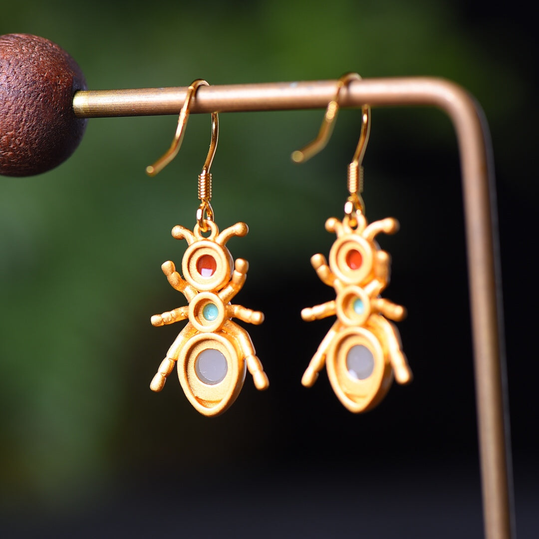 Silver gold plated Hetian jade earrings