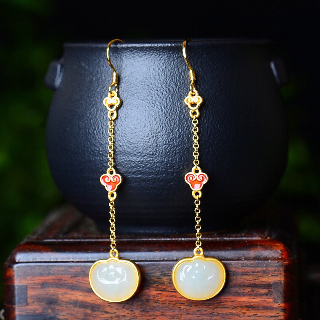 Silver gold plated Hetian jade earrings