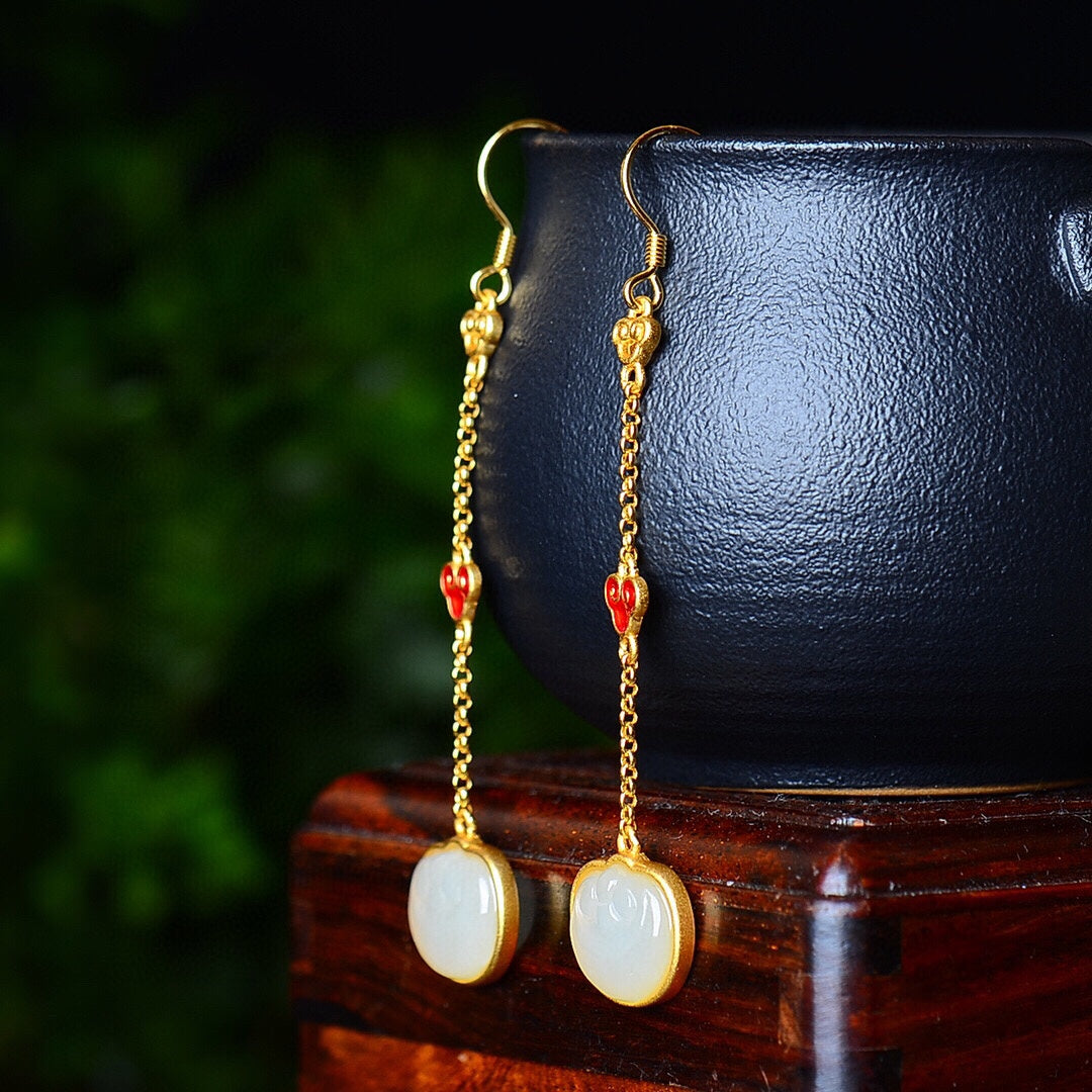 Silver gold plated Hetian jade earrings