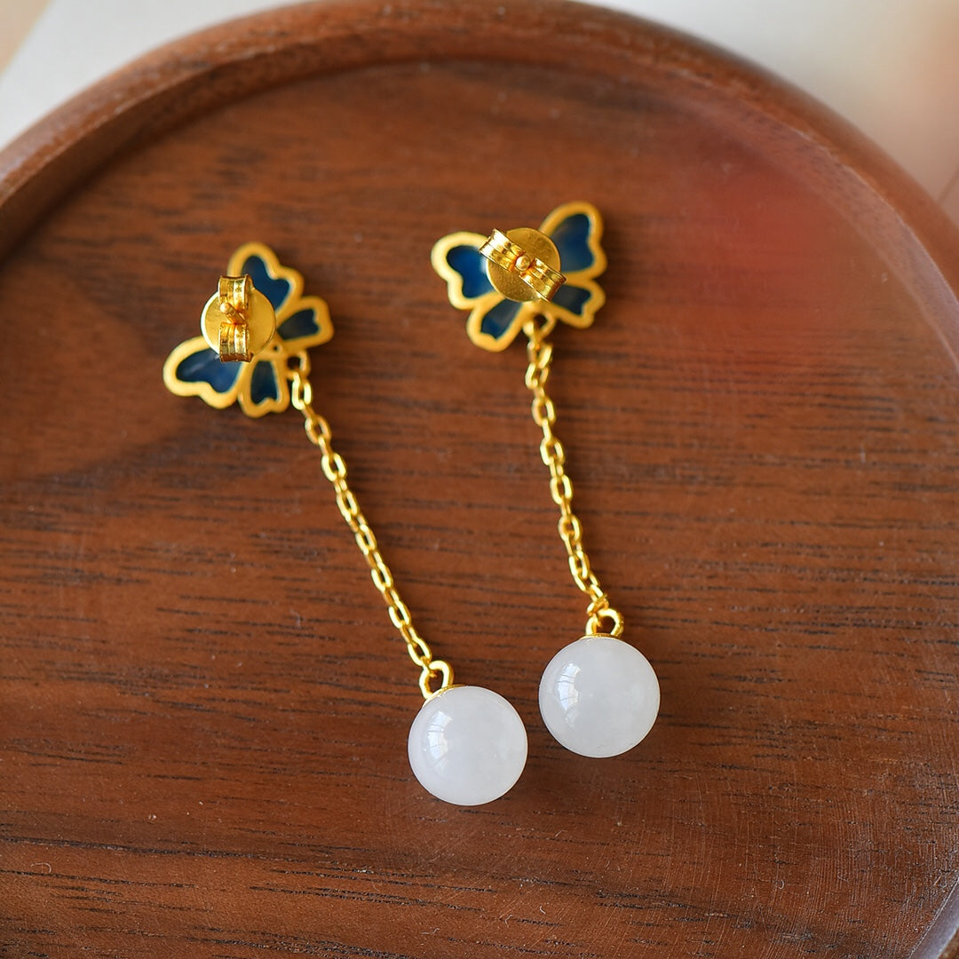 Silver gold plated Hetian jade earrings