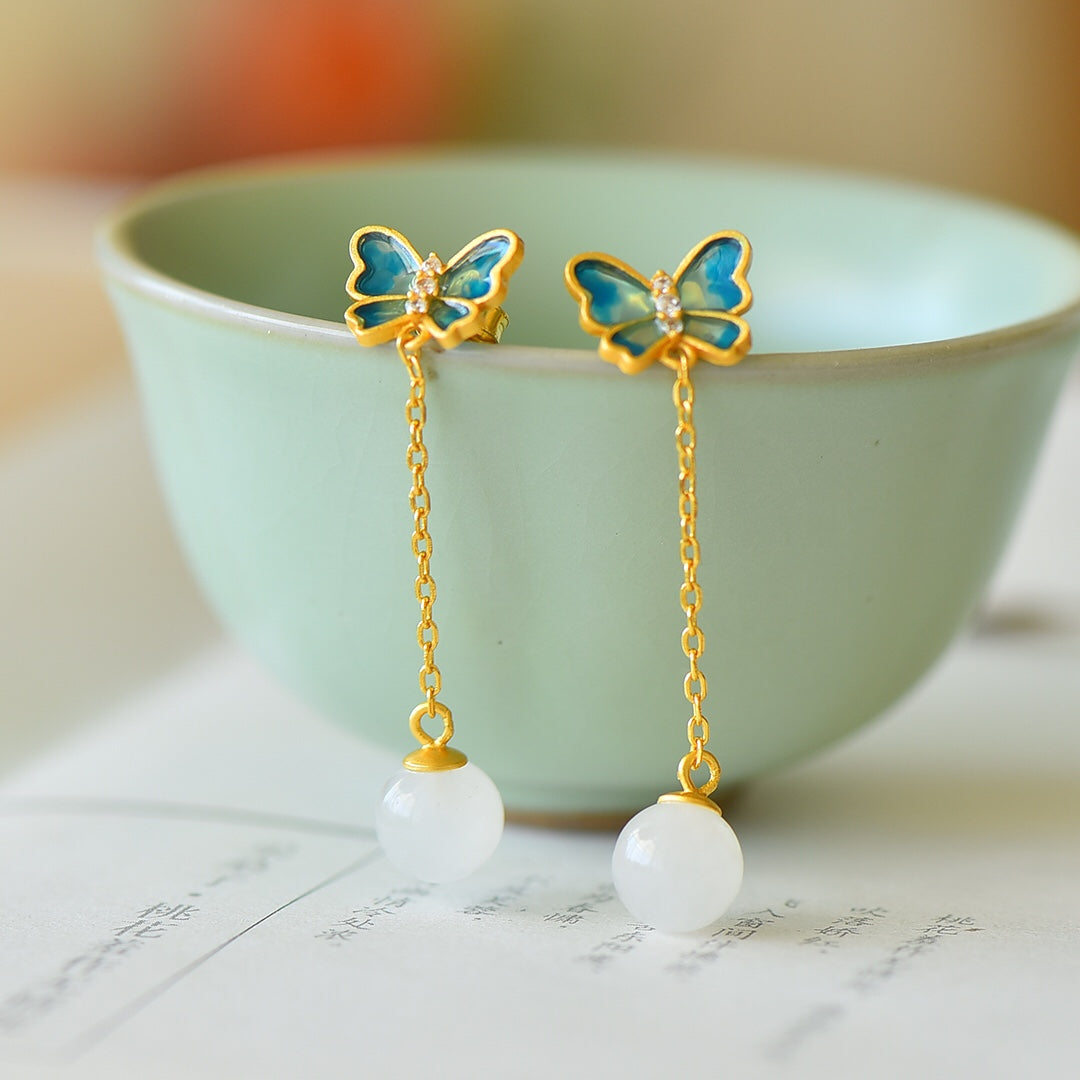 Silver gold plated Hetian jade earrings