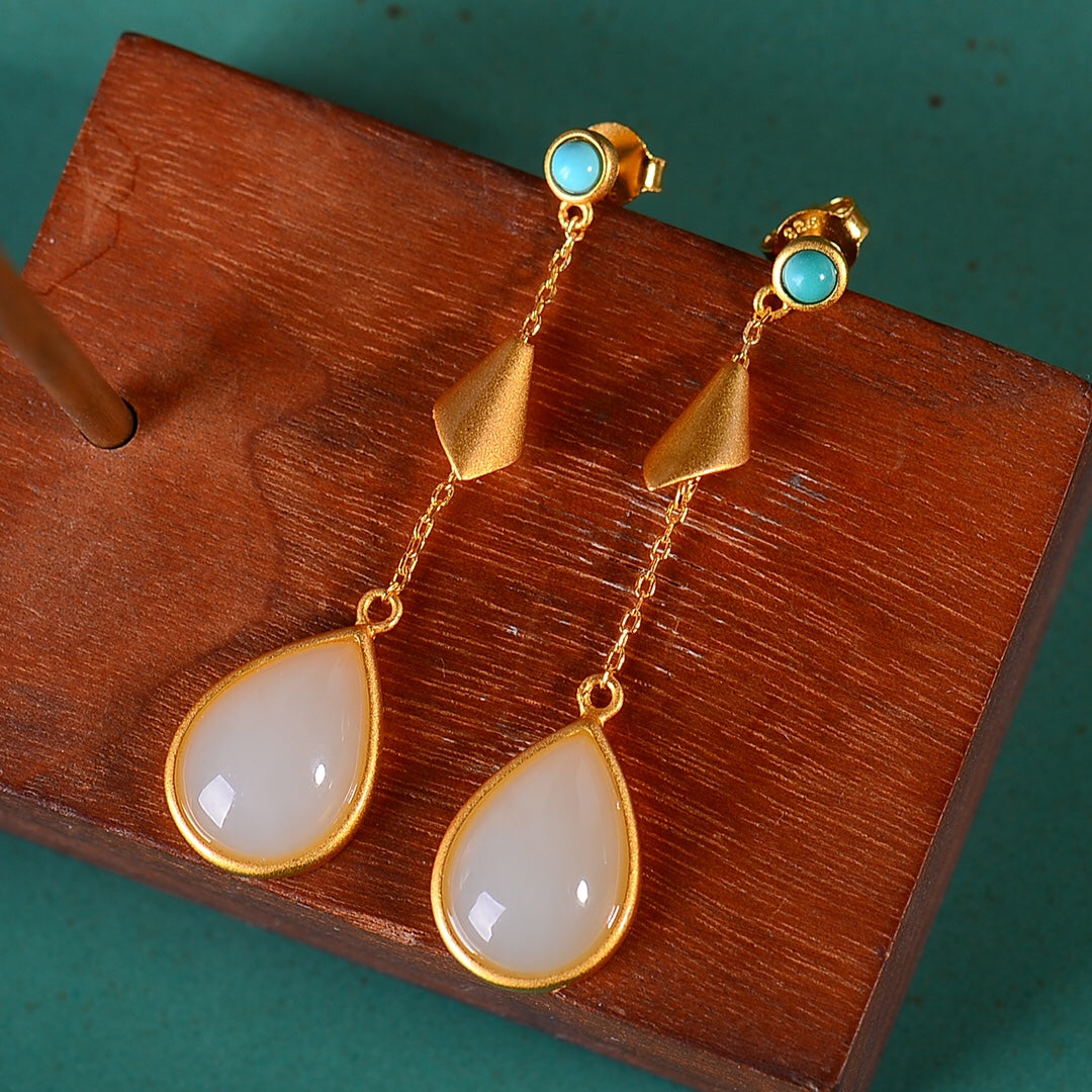 Silver gold plated Hetian jade earrings