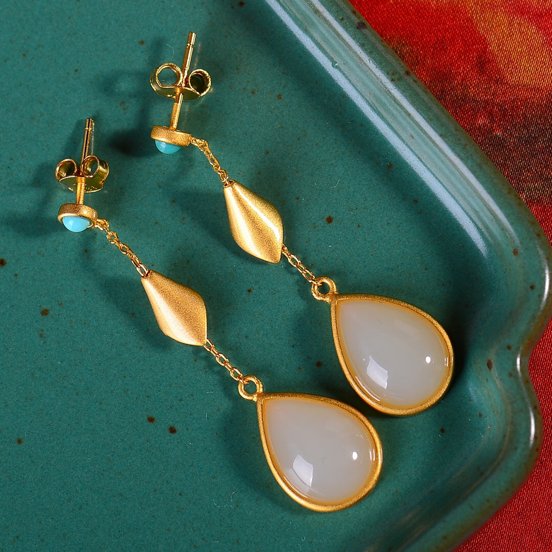 Silver gold plated Hetian jade earrings