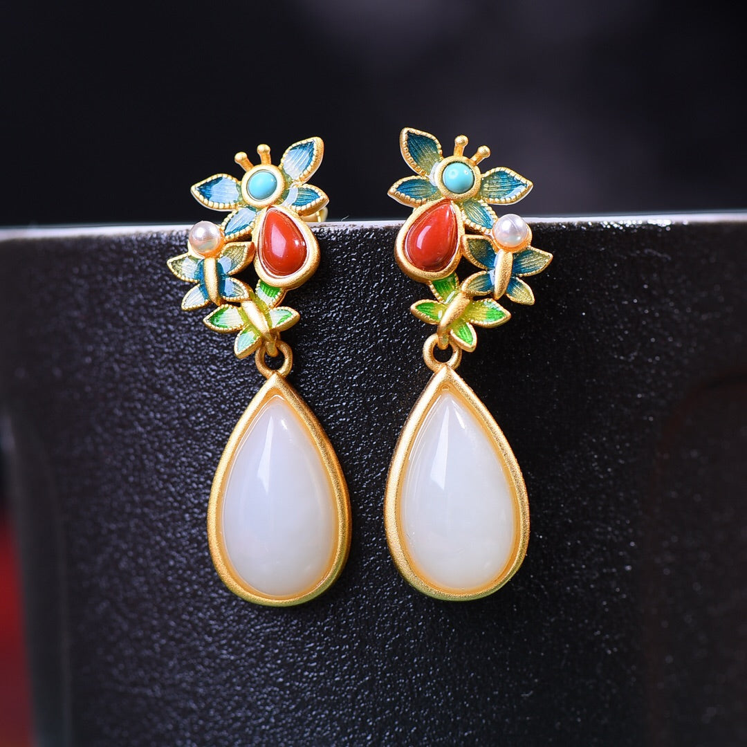 Silver gold plated Hetian jade earrings