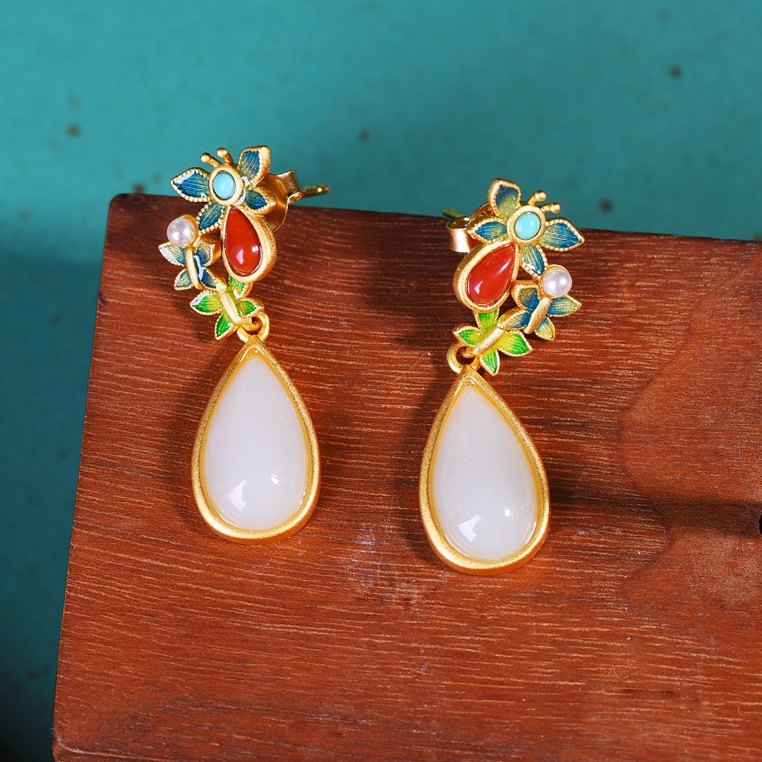 Silver gold plated Hetian jade earrings