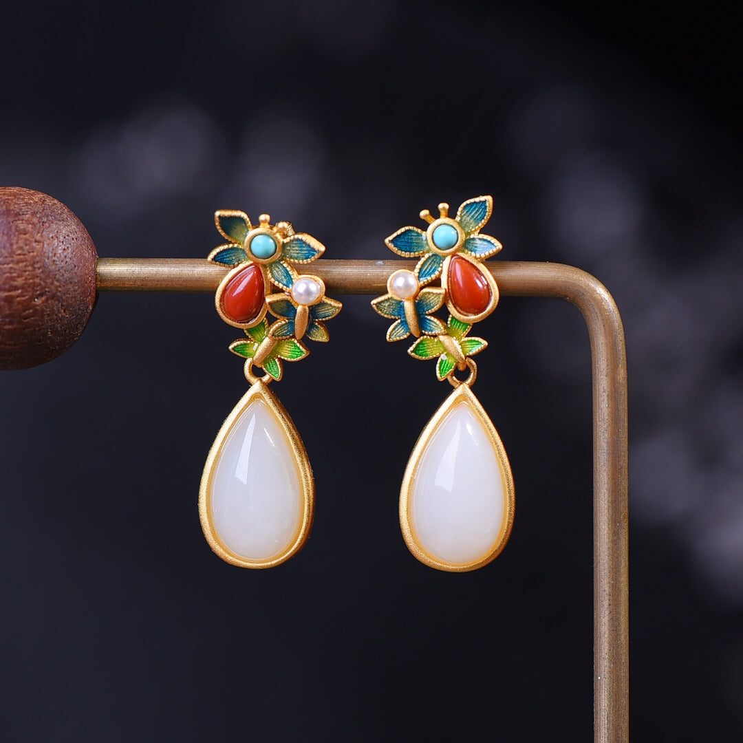 Silver gold plated Hetian jade earrings