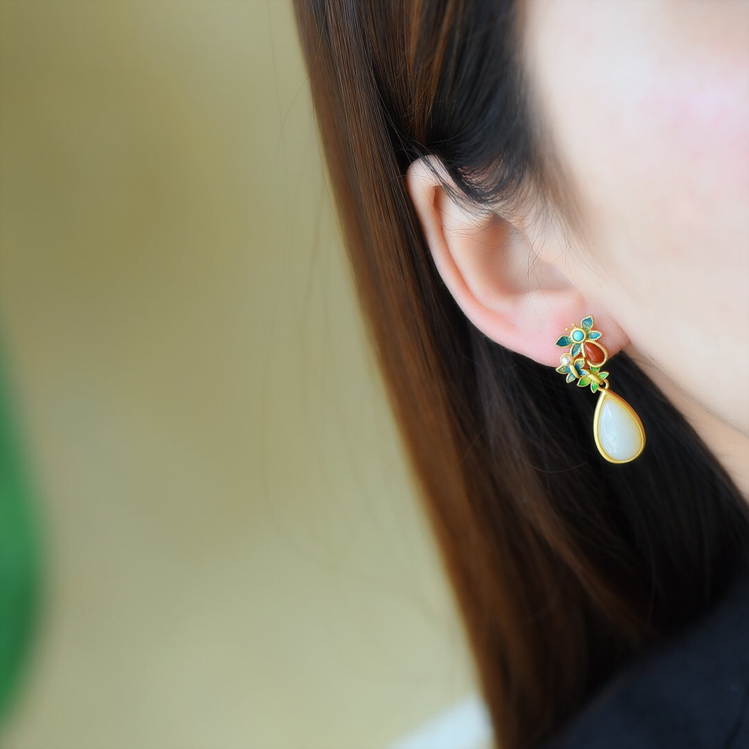 Silver gold plated Hetian jade earrings