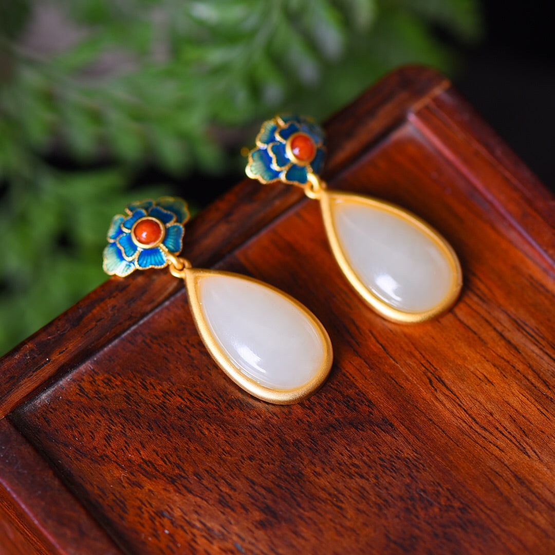 Silver gold plated Hetian jade earrings