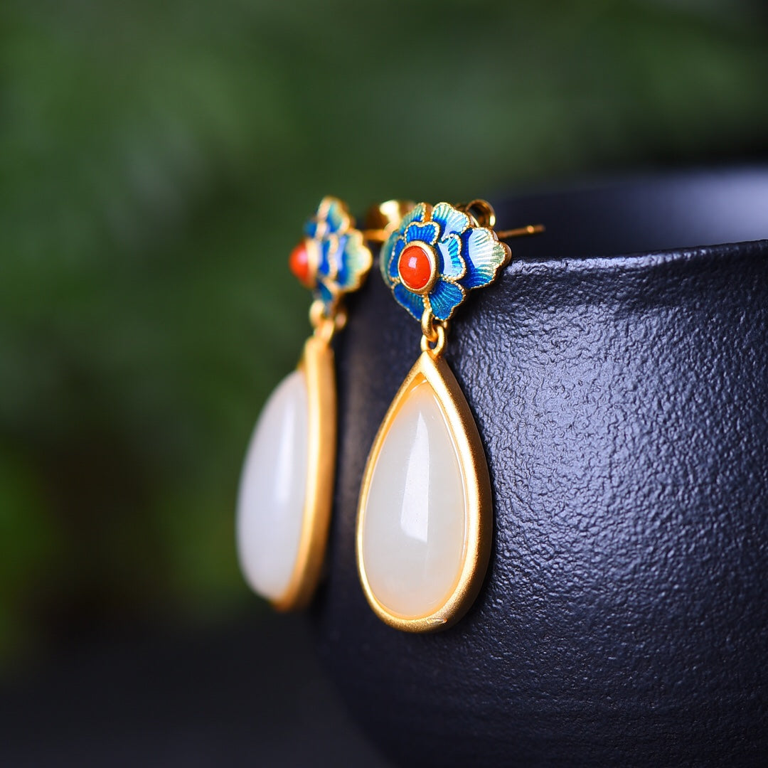 Silver gold plated Hetian jade earrings