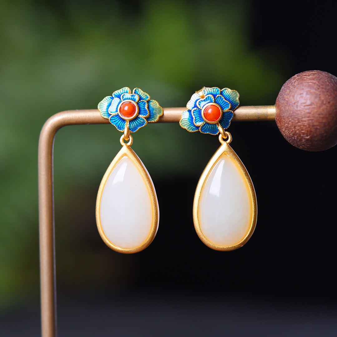 Silver gold plated Hetian jade earrings