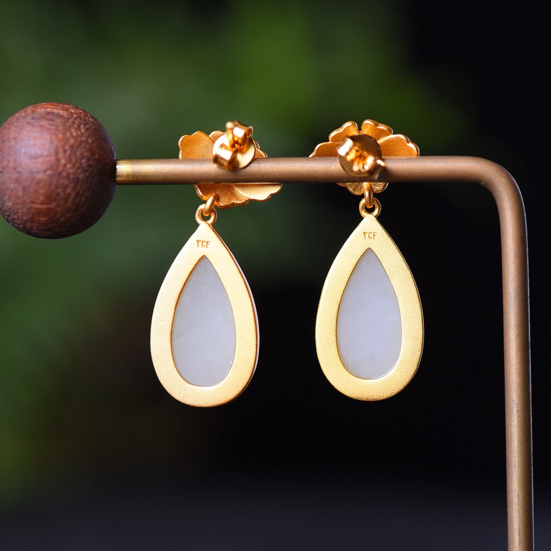 Silver gold plated Hetian jade earrings