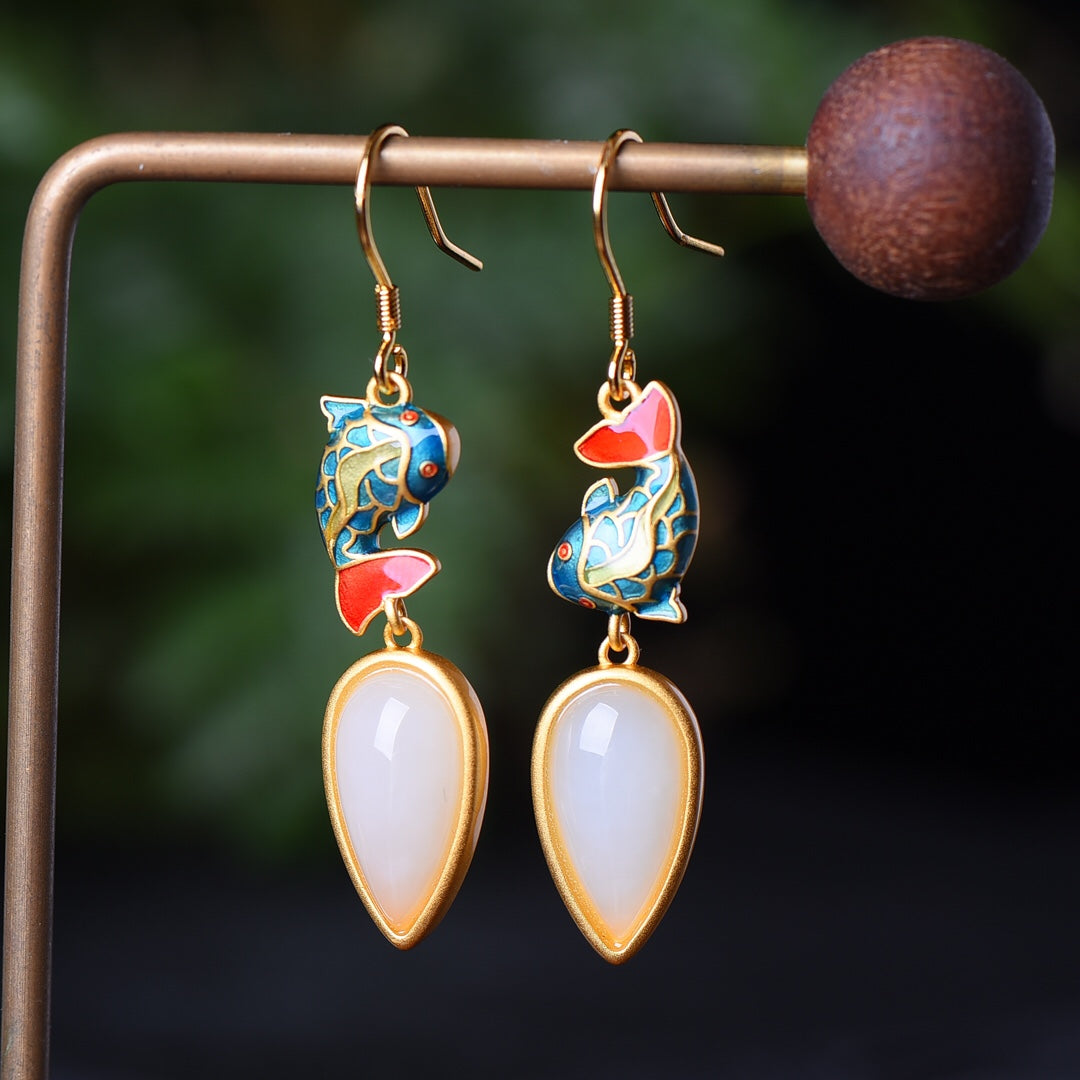 Silver gold plated Hetian jade earrings