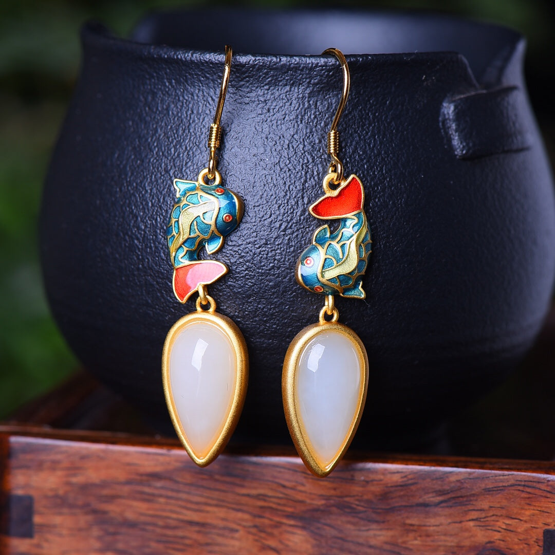 Silver gold plated Hetian jade earrings