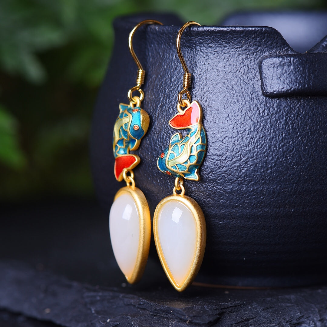 Silver gold plated Hetian jade earrings